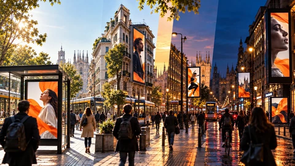 Sequenza di impianti pubblicitari OOH osservati in momenti diversi della giornata lungo lo stesso percorso urbano